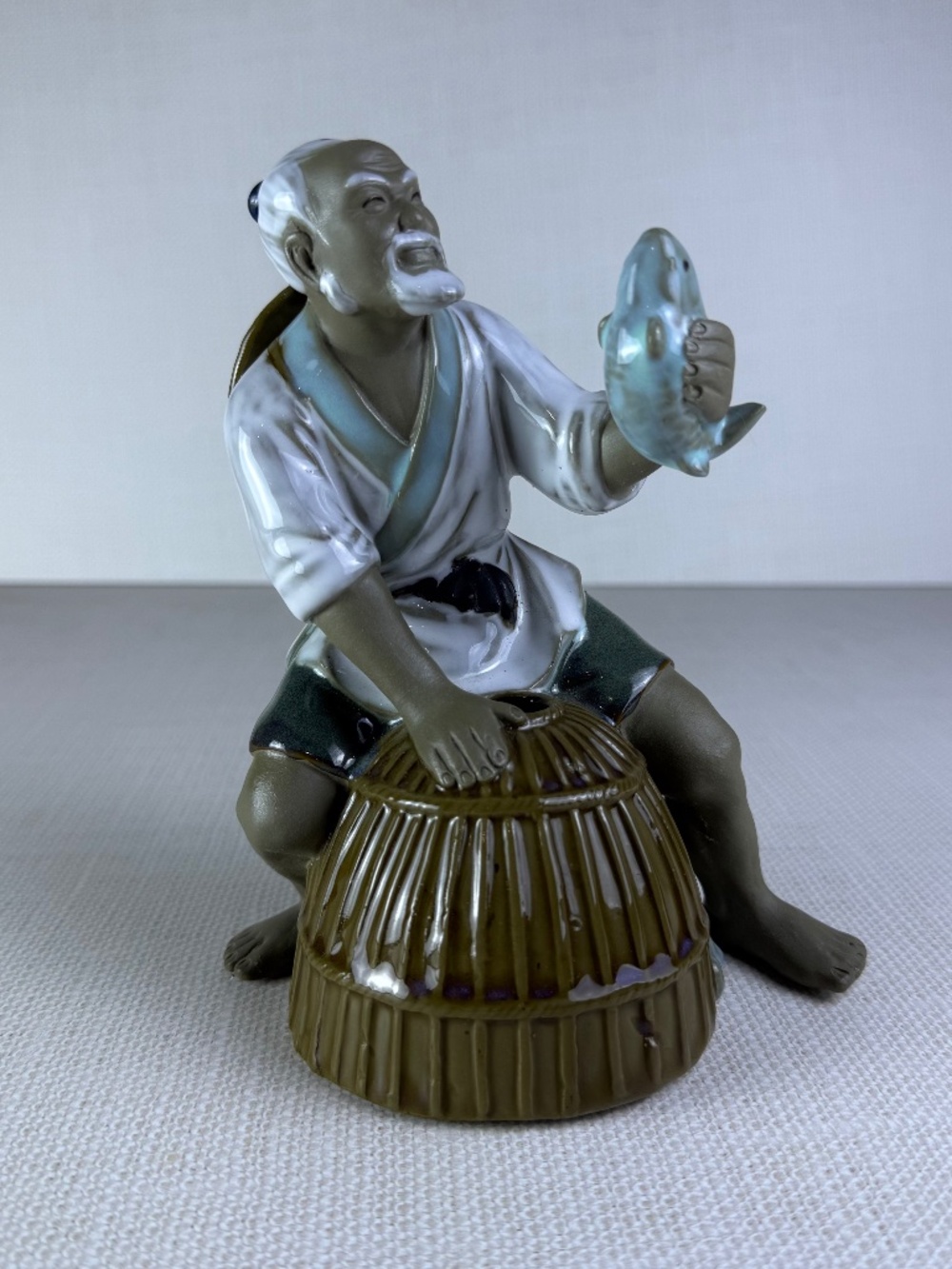 Chinese Mudman Fisherman Figurine Shiwan Style Ceramic Glazed Elderly Man